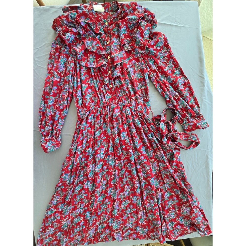 Vintage maxi dress sz L Floral Ruffle Winery Red Retro Fairy Cottage Preppy